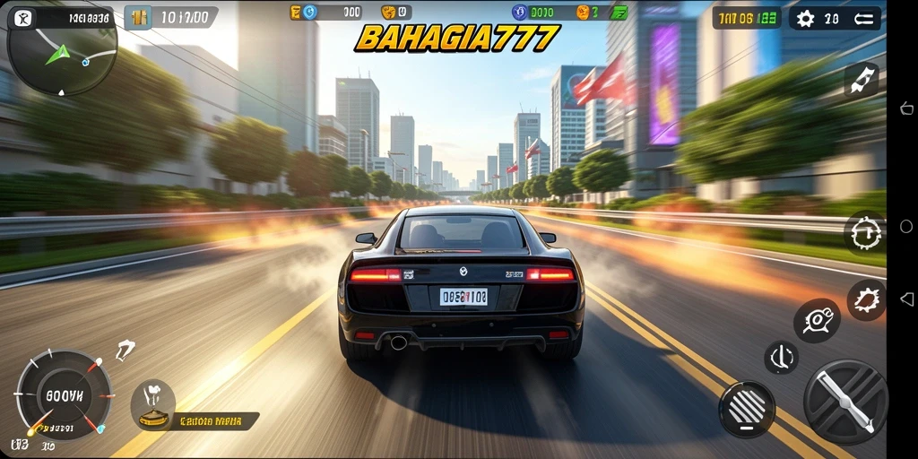 Tampilan gameplay seru dari BAHAGIA777 saat balapan di trek yang menantang.
