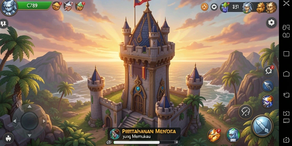 Tangkapan layar gameplay C789 menunjukkan serangan menara melawan gelombang musuh.