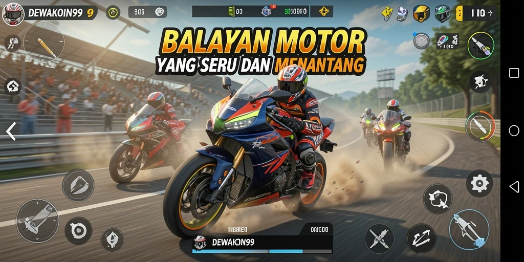 Tangkapan layar menunjukkan balapan motor yang intens di DEWAKOIN99.