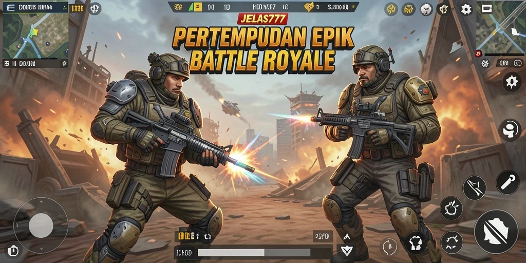Tangkapan layar menunjukkan aksi seru dalam pertempuran Battle Royale JELAS777.