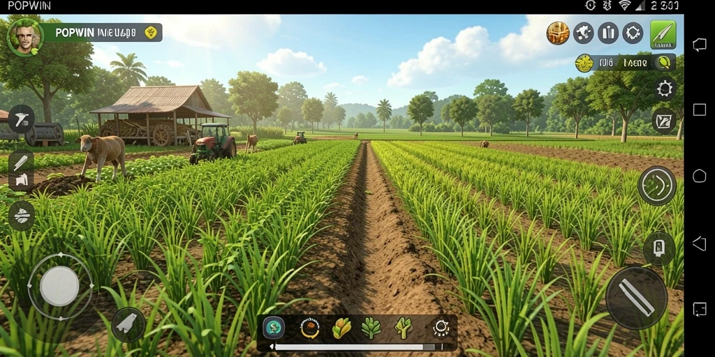 Tampilan gameplay menarik di dalam <strong>POPWIN</strong> saat mengelola kebun dan hasil pertanian.
