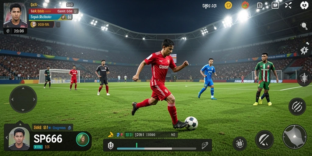 Gameplay SP666 yang realistis dengan aksi sepak bola yang mendebarkan.
