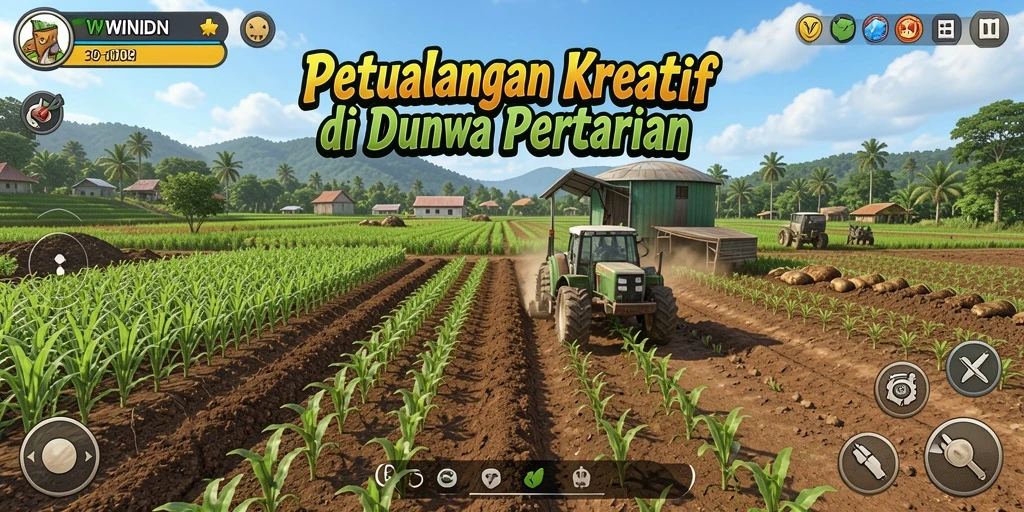 Tampilan gameplay <strong>WINIDN</strong> menampilkan petani yang sedang merawat tanaman di ladang.